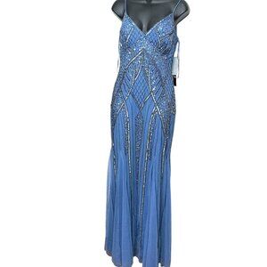 Jump Apparel Blue Beaded Dazzling Sequin Spaghetti Strap Gown Women’s Size 9/10